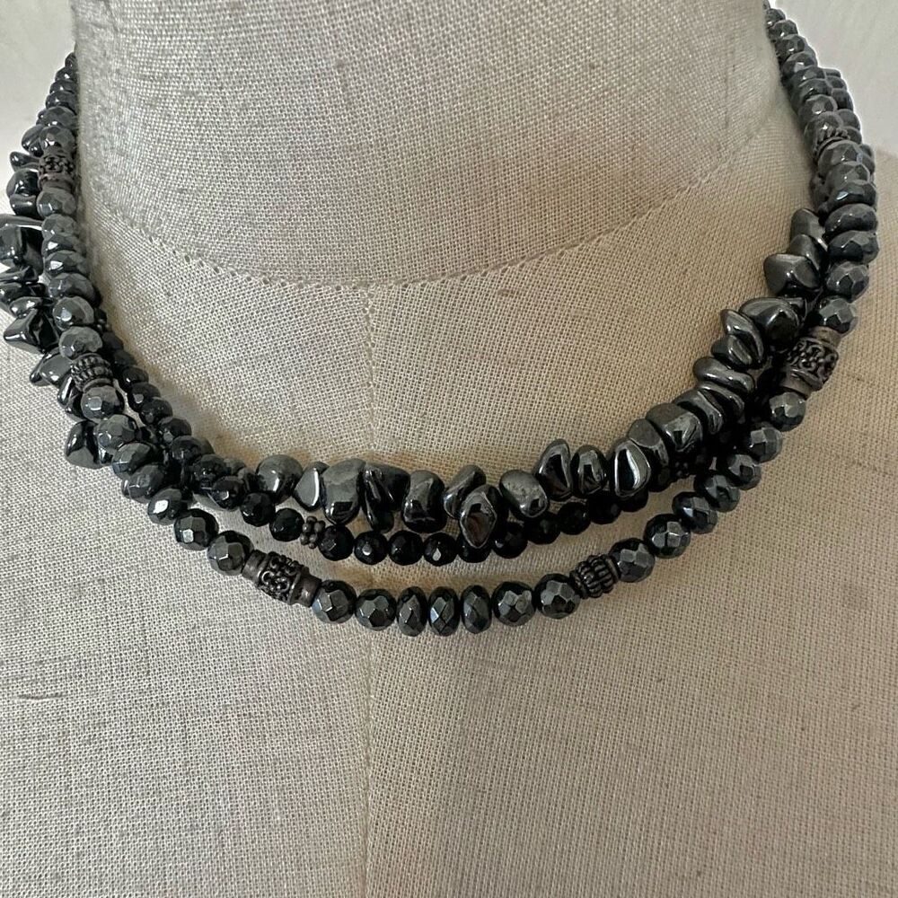 Siplada Hematite and onyx sterling silver multi strand necklace